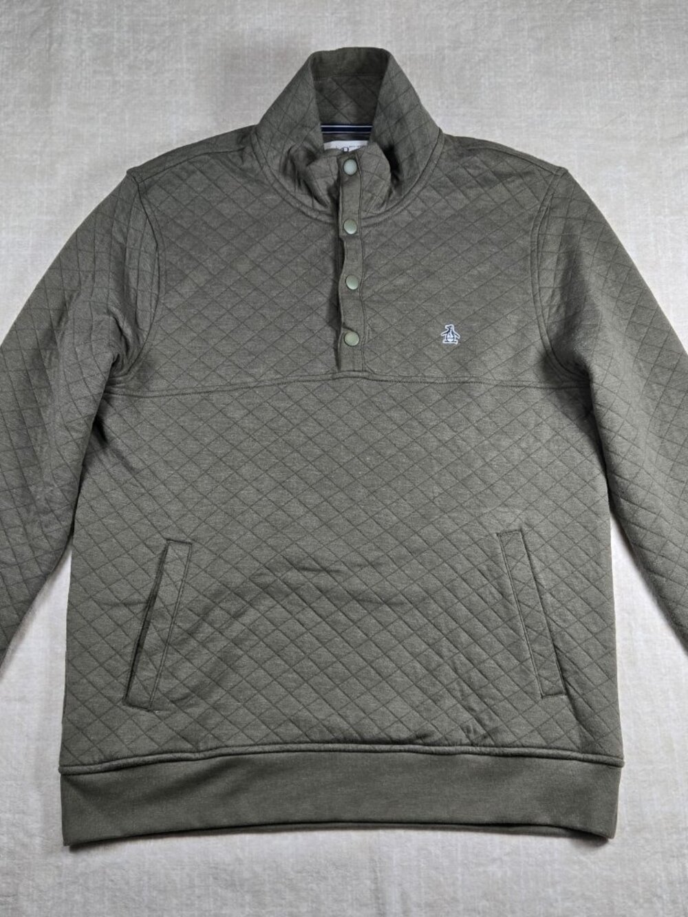 Original Penguin Pullover Size M Quilted Snap Placket Olive Green